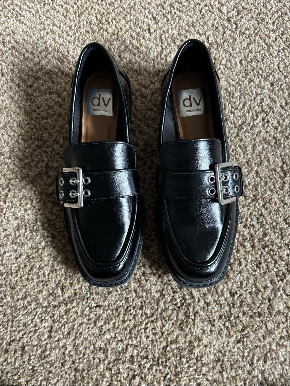 DV by Dolce Vita Size 7 Black Patent Loafers with Silver Buckle